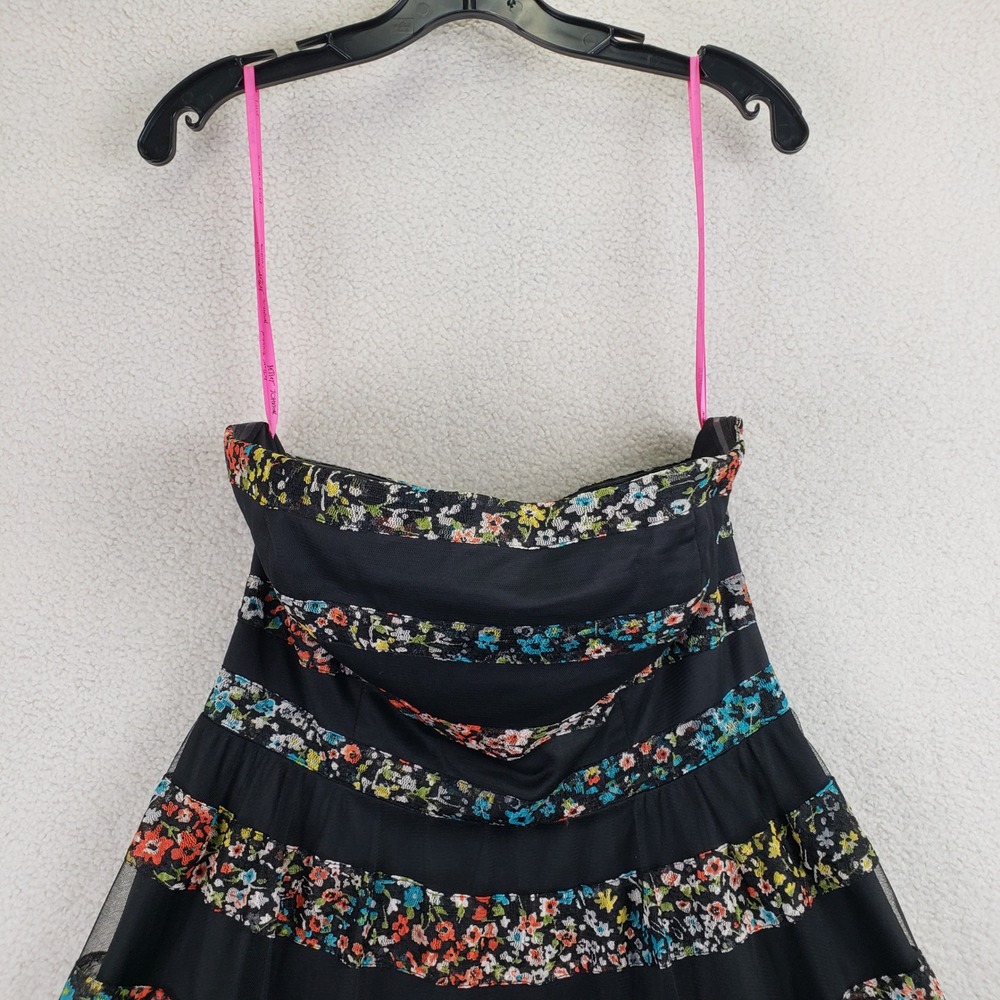 Betsey Johnson Fit & Flare Dress Womens 12 Black Floral Tiered Whimsigoth Y2K - Picture 3 of 11